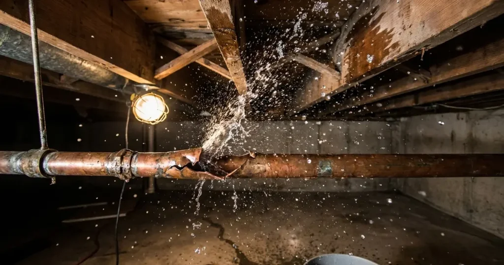 Burst pipe spraying water in a basement