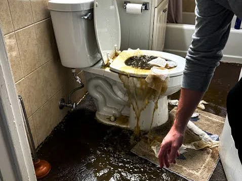 Overflowing toilet and wet bathroom floor